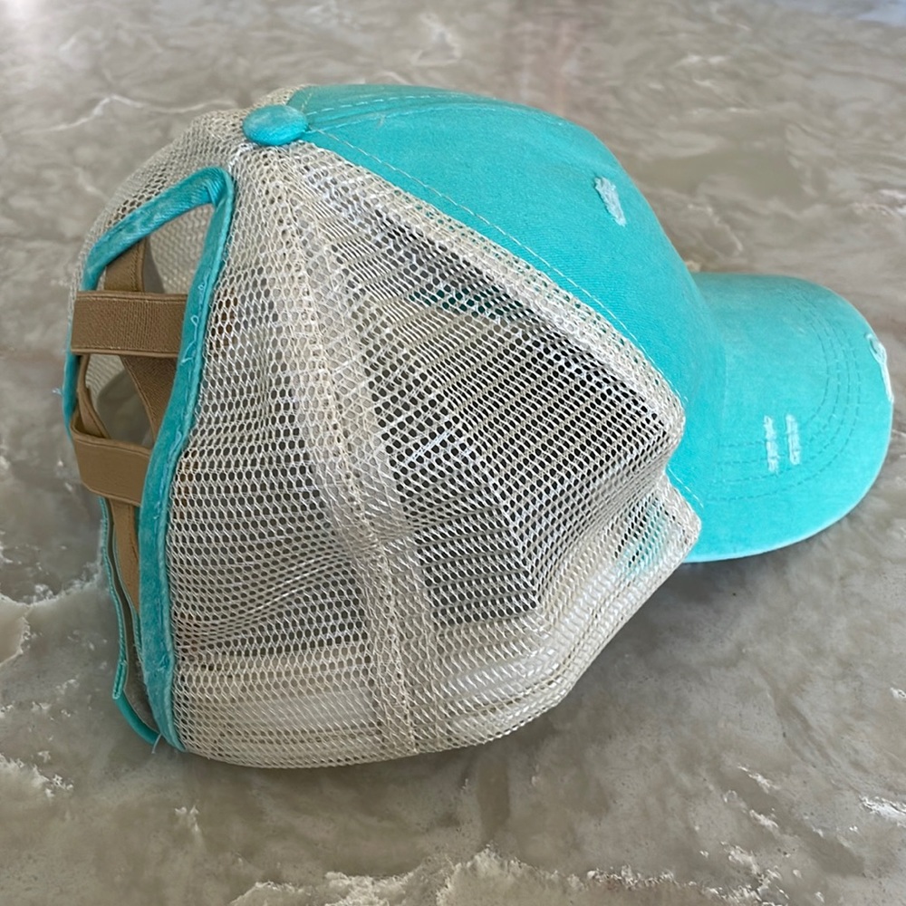 NWT baseball cap ponytail cap mesh back adjustable size teal turquoise blue